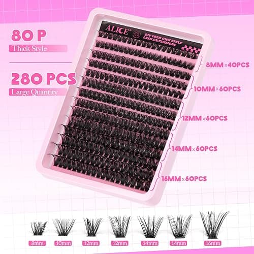 DIY Eyelash Extension Kit D-Curly Wispy Volume Lash Clusters Individual Lashes Lash Extension Kit with Lash Bond and Seal Applicator Tool for Self Application at Home (80P-280Pcs-Mix10-16mm-0.07D) - F22-Classic 80D Kit thumbnail 2