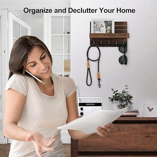 Lwenki Key Holder for Wall, Decorative Key and Mail Holder with Shelf Has Large Key Hooks for Bags, Coats – Paulownia Wood Key Hanger with Mounting Hardware (9.8”W x 6.7”H x 4.2”D) (Brown) thumbnail 7