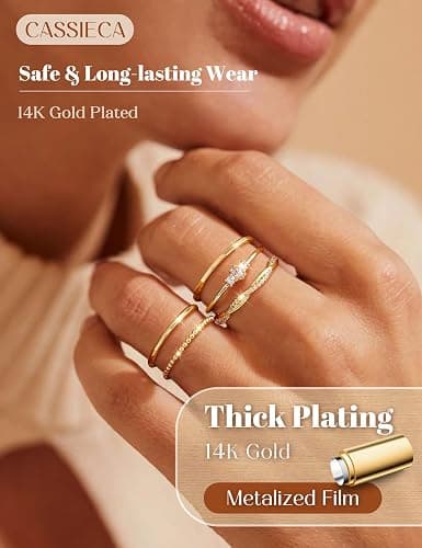 CASSIECA 14K Gold Plated Stackable Rings for Women Non Tarnish Cubic Zirconia Band Rings Set Dainty Trendy Statement Engagement Promise Stacking Ring Size 5-10 thumbnail 2