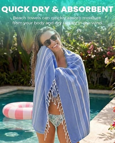 Turkish Beach Towels Vacation Essentials with Bag Quick Dry Sand Free Soft Absorbent Adult Bath Pool Swim Long Wide Stripe Towel Cloud Linen Sandfree Mat Summer Thing Lightweight Thin Travel Blue thumbnail 3