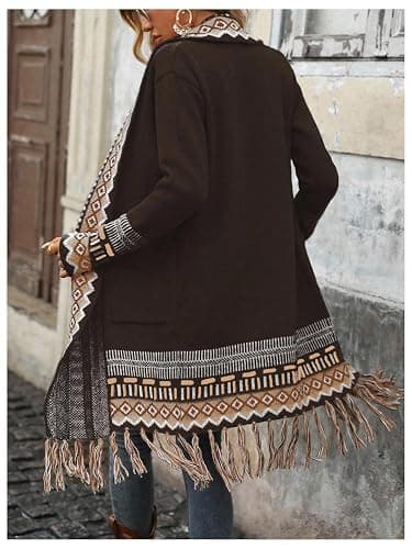 MakeMeChic Women's Fringe Long Cardigan Sweaters Boho Western Sweater | Open Front, Winter Fall Sweater, Cowgirl, Western Outfits, Winter Fall Outfits thumbnail 3