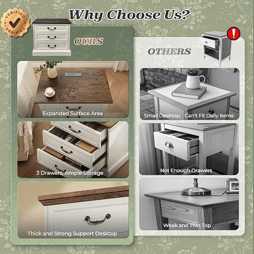 Huuger Nightstand with Charging Station, 3 Drawer Night Stand, 22 Inch Wider Side Table with Storage, Farmhouse Nightstand with Vintage Handles, Thicken Base, for Bedroom, Distressed White thumbnail 6