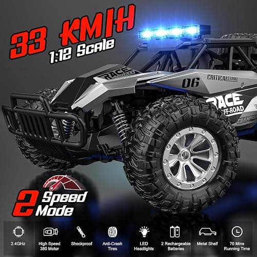 BLUEJAY Remote Control Car, 2.4GHz High Speed 33KM/H RC Cars Toys, 1:12 Monster RC Truck Off Road with LED Headlight and Rechargeable Battery Gifts for Adults Boys 8-12 thumbnail 3