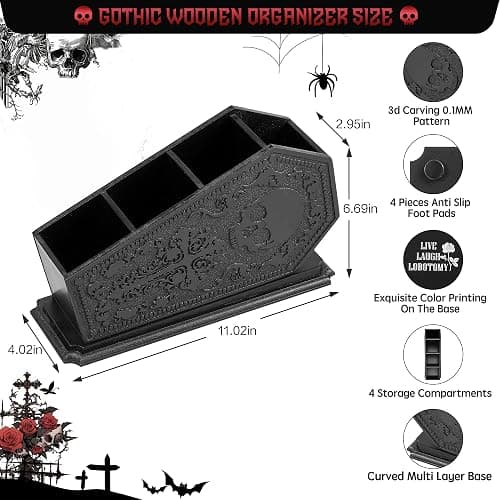 Gothic Coffin Decor Makeup Brush Holder,Spooky Witchy Gifts for Women,Skull Cosmetic Display Cases,Goth Decor Pen Holder, Vanity, Desk, Office Organizer for Christmas Bedroom Bathroom (Black) thumbnail 3