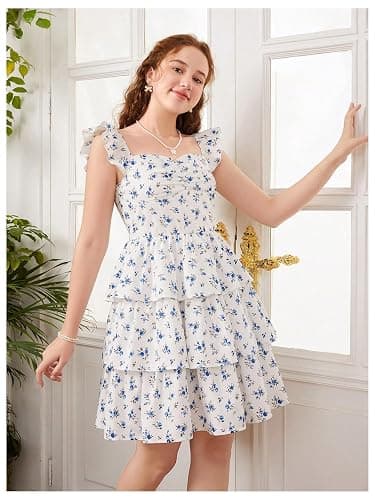 RoseSeek Girl's Floral Summer Dress Ruffle Shirred High Waist Ruched Sweetheart A Line Spring Dress thumbnail 4
