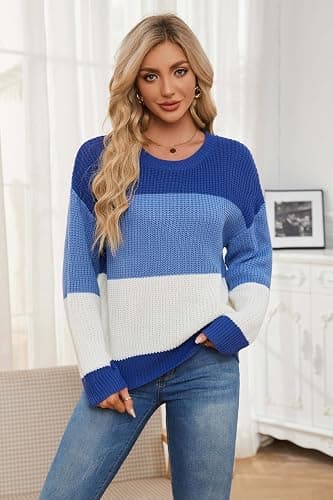 QIANSIQIANBO Women's Striped Color Block Sweater Long Sleeve Crewneck Casual Loose Fit Soft Knit Sweater Pullover Tops thumbnail 3