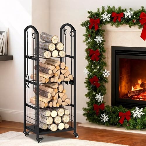 GYMAX Range-Bûches à Roulettes à 4 Niveaux pour Intérieur Extérieur, Porte-bûches avec 4 Outils, Support à Bois de Chauffage en Métal, Organisateur de Bois de Cheminée, Chaque Étagège Charge 60kg thumbnail 2