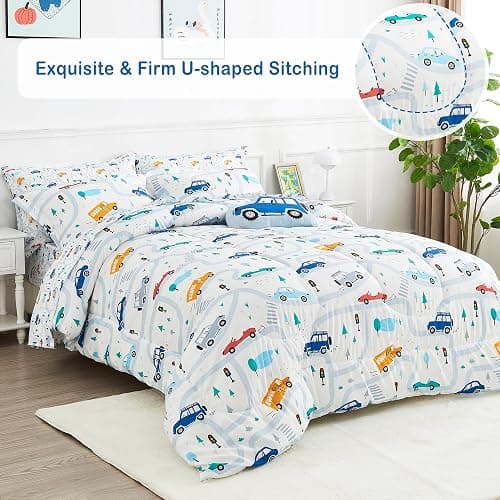 Mooreeke Bed in a Bag for Kids Boys Teens, 6 Pieces Twin Size Comforter Bed Set with Shams, Sheet Set and Decorative Toy Pillow, Cars White Super Soft Microfiber Kids Comforter Bedding Set thumbnail 3