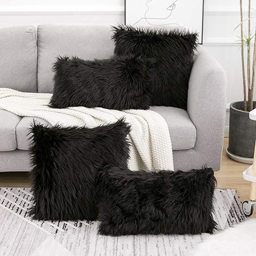 WLNUI Black Faux Fur Throw Pillow Covers 18x18 Inch Set of 2, Luxury Fluffy Shaggy Plush Cushion Cases for Couch Sofa Bed Living Room Decor, Soft Fuzzy Pillow Covers with Hidden Zipper thumbnail 5