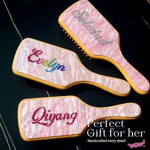 Personalized Rhinestone Hair Brush with Name - Custom Bling Hairbrush for Women & Girls, Handmade Marble Bamboo Wood Brush for Scalp Massage, Detangling, Gifts(Pink Sugar) thumbnail 3