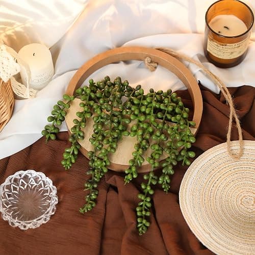 Floweroyal 2pcs Artificial Succulents Hanging Plants 12.2'' Fake String of Pearls in Pot with 8.3'' Lanyard for Indoor Outdoor Wall Decor（Wood Color）. thumbnail 9