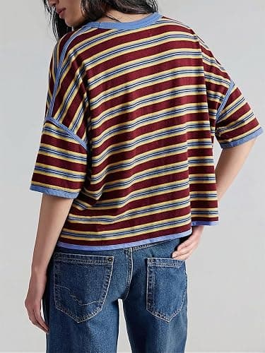 Womens Oversized Striped T-Shirt Cotton Boxy Crop Top 90s Retro Drop Shoulder Ringer Tee Casual Skater Streetwear Tops thumbnail 2