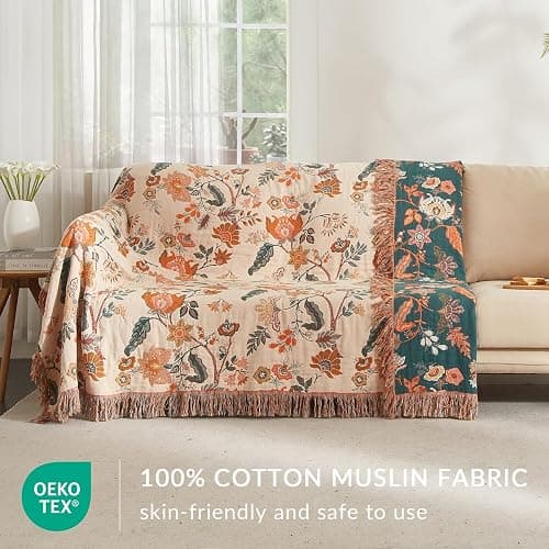 Bailix Boho Throw Blanket for Couch Sofa Bed, 100% Cotton Woven Quilt with Tassel 80”x90”, Super Soft Muslin Blanket with Floral Printed, Decorative Reversible Bed Blanket/Cover for All Seasons thumbnail 4