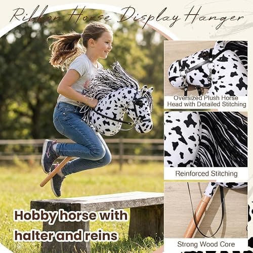 Teyva Daily Large Hobby Horse, Realistic Head, Long Flowing Mane, Removable Leather Reins, Solid Wooden Stick for Equestrian Training & Competition, Screen-Free Fun for Active Kids(Black and White) thumbnail 4