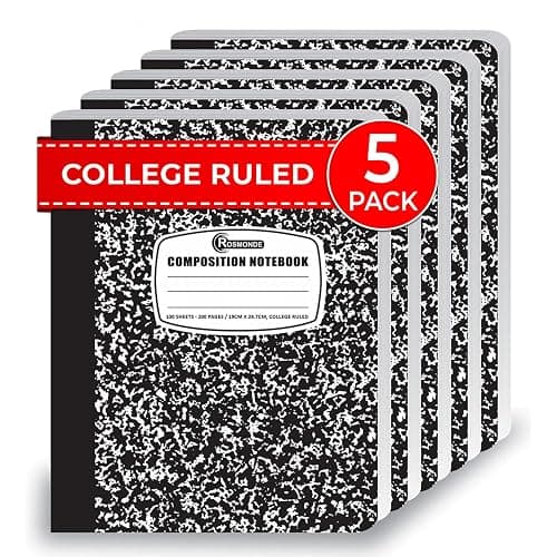 Rosmonde College Ruled Composition Notebooks 5 Pack, 200 Pages (100 Sheets), 9-3/4" x 7-1/2", White & Black Marble Composition Book, Hard Cover, Sturdy Sewn Binding, School, College & Office Supplies - Image 1