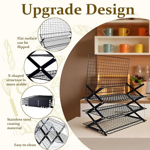 4 Tier Collapsible Cooling Rack, Adjustable Stackable Stainless Steel Baking Rack with Leak-Proof Mesh & X-Shaped Structure, Dishwasher Safe for Cookies, Bread, Pastries thumbnail 5