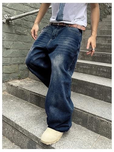 SHENHE Men's Wide Leg Jeans Vintage Baggy Jeans Casual Loose Fit Denim Pants with Pockets thumbnail 7