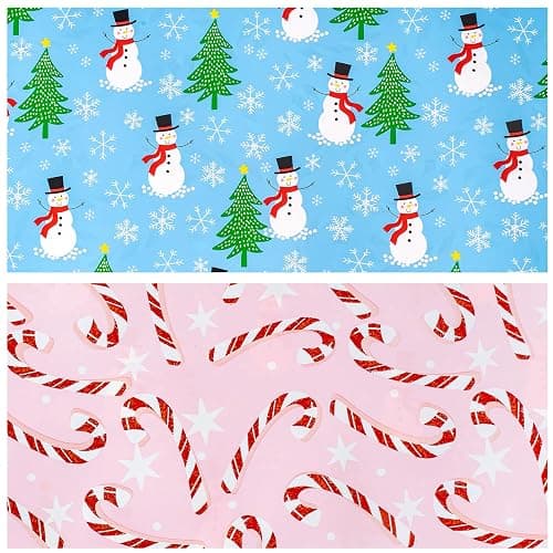 LeZakaa Christmas Wrapping Paper for Kids, Mini Roll, Red Truck, Snowman Christmas Tree in Blue & Pink Candy Cane Reversible Design for Winter Holiday Family Gathering, 17 inches x 32.8 Feet thumbnail 7