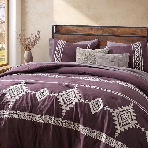 MaiRêve Embroidery Queen Size Comforter Set Purple, Boho Farmhouse Western Bedding Set 7 Pieces, All Season Bed in A Bag Comforter Set with Sheets, Pillowcases & Shams thumbnail 3