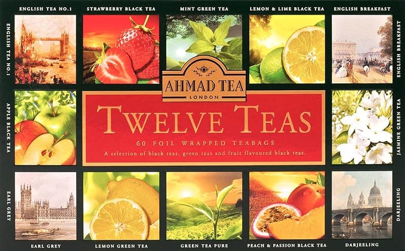 Ahmad Tea - Twelve Teas - Surtido de 12 tipos de té negro y té verde con diferentes sabores - 60 bolsitas de té envueltas individualmente, selladas con aroma y con cinta, 120g de té