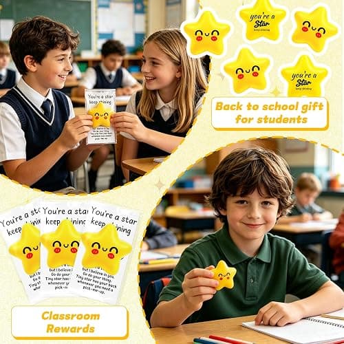 Natonhi 36 Pack Back to School Gifts for Students, Yellow Smile Squeeze Star Squishy Stress Balls Bulk with Blessing Cards for First Day of School Classroom Prizes Party Favors Exchange Gifts thumbnail 8