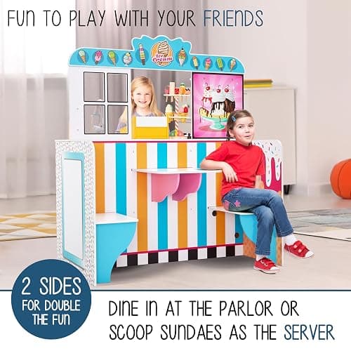 Lil' Jumbl Wooden Ice Cream Parlor Playset, Interactive Diner Set, Ages 3+ | Lets kids run a pretend dessert shop with cash register, freezer, sink, and menu boards for imaginative fun. thumbnail 4