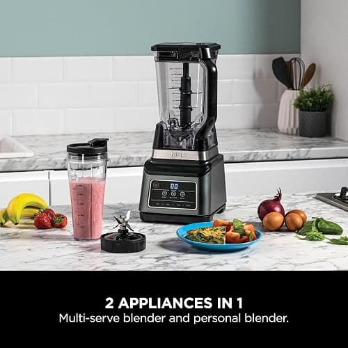 Ninja 2-in-1 Blender with 3 Automatic Programs; Blend, Max Blend, Crush, and 4 Manual Settings, 2.1L Jug & 700ml Cup, 1200W, Dishwasher Safe Parts, Auto-iQ, Black BN750UK thumbnail 2
