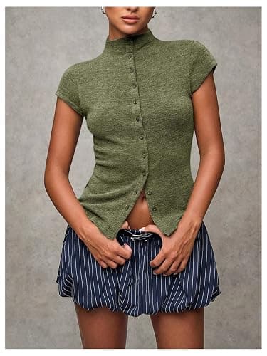 Milumia Women's Cap Sleeve Knit Top Mock Neck Button Down Sweater Tops | Slim Fit, Going Out, Summer, Fall Fashion, Casual, Streetwear, Short Tee, T Shirt, Cardigan Top thumbnail 2