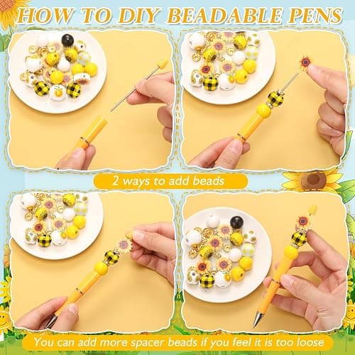 Geyee 12 Set Plastic Beadable Pens Assorted Bead Pens Crystal Wood Round Spacer Set Black Ink DIY Ballpoint for Women Men Gift Office Supplies(Sunflower) thumbnail 4