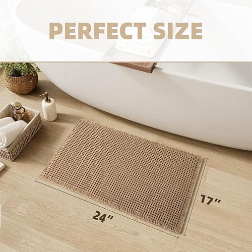 Upgraded Waffle Bath Mat Non Slip Super Absorbent Quick Dry Bath Mats for Bathroom Floor Machine Washable Bathroom Mat Ultra Soft Boho Bathroom Rugs with Tassels Beside Tub, 17" x 24", Brown thumbnail 2