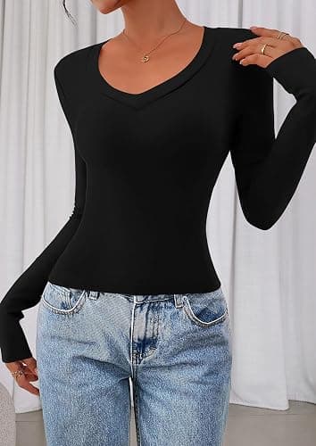 PRETTYGARDEN Womens Long Sleeve T Shirts 2025 Fall Trendy Deep V Neck Slim Fit Basic Crop Tops Casual Going Out Top thumbnail 3