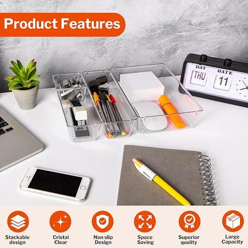 Stackzy Drawer Organiser Set – Makeup Organiser Tray for Drawers – Clear Cosmetics Container Tray for Bedroom – Utensil Cutlery Set Divider – Kitchen Storage & Organisation – 16pack thumbnail 4