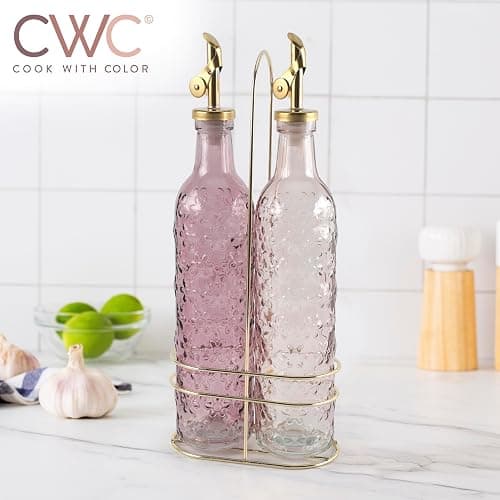 COOK WITH COLOR Glass Olive Oil Bottle Dispenser - 2 Pack- 17oz Oil and Vinegar Cruet - Olive Oil Carafe Decanter for Kitchen, Floral, Pink thumbnail 2