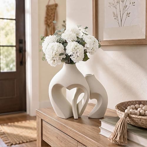 White Ceramic Flower Vase Home Table Decor Heart Shaped Vase Set of 2 | Boho Heart Shaped Minimalist Decorative Vases for coffee Table Centerpiece Wedding Dining Living Room Office House Decoration thumbnail 7
