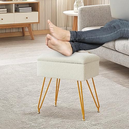 Alessing Vanity Stool Chair Ottoman with Storage, Sherpa Vanity Chair for Makeup Room, Rectangle Vanity Stools with Metal Legs, Soft Makeup Stool Footrest Footstools for Bedroom Living Room, White thumbnail 8