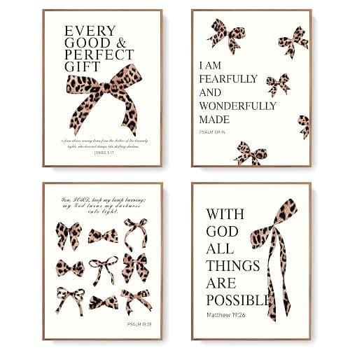 LARTSFRO Coquette Leopard Bow Wall Art Decor Posters, Y2K Cheetah Leopard Bow Room Bedroom Bathroom Dorm Wall Art Decor Aesthetic for College Teen Girls Gifts, Inspirational Bible Verses Bow Wall Decor, 12x16Inch Set of 4 Pcs Cheetah Bow Pictures (UNFRAMED) - Image 1