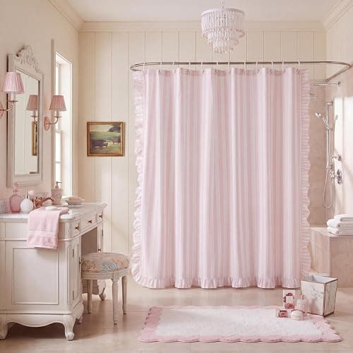 *BOUGHT* Pink Striped Shower Curtain with Ruffle Edge Cotton-Textured Shower Curtain 72x72 Inches Vintage Country Style Fabric Bath Decoration for Farmhouse Bathroom thumbnail 5