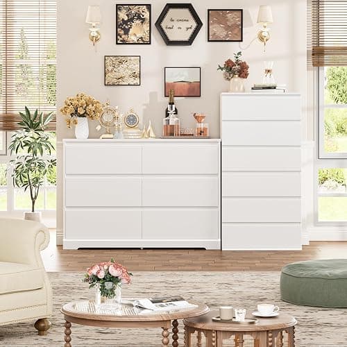 FOTOSOK White Dresser, 47.2" Tall White Dresser for Bedroom, Modern Wood Chest with Deep Drawers, Chest of Drawers for Living Room Nursery thumbnail 3