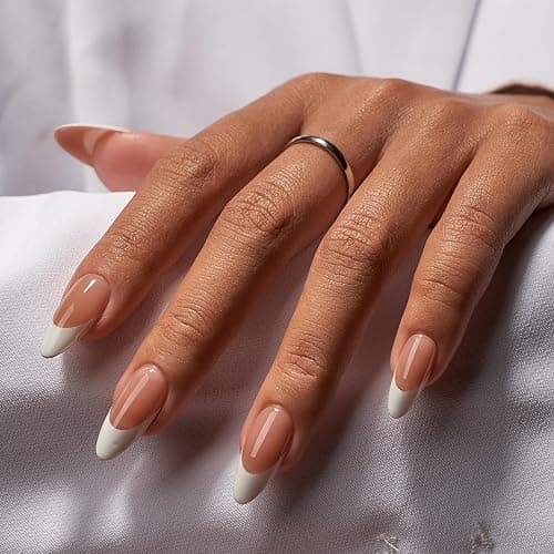 BTArtbox French Tip Press On Nails - Medium Press On Nails Almond, Natural Fake Nail with Nail Glue, Brown Glue On Nails in 15 Sizes - 30 Fake Nails Kit, Capable thumbnail 2