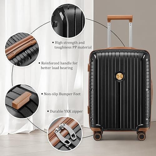 Joyway Luggage Sets 6 Piece PP Hardside Carry on Suitcase with Spinner Wheels and TSA Lock for Travel, Black Brown thumbnail 8