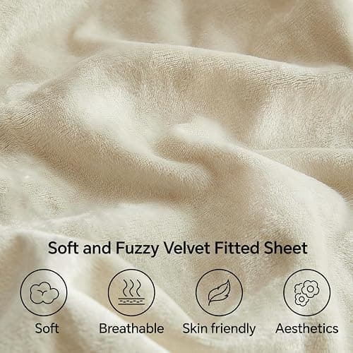 BEDELITE Velvet Fitted Sheet and Pillowcases Set, Luxury Soft Fuzzy Bottom Sheet with Reinforced Elastic Corner Straps, Deep Pocket up to 15 Inch, 1 Fitted Sheet and 2 Pillowcases (Queen, Cream) thumbnail 4