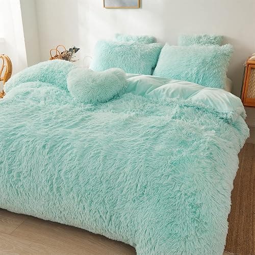 FOPPA Green Comforter Cover Set - Ultra Soft Plush Bedding Set (1 Faux Fur Duvet Cover + 2 Faux Fur Pillow Cases) Mint Green, Queen thumbnail 3