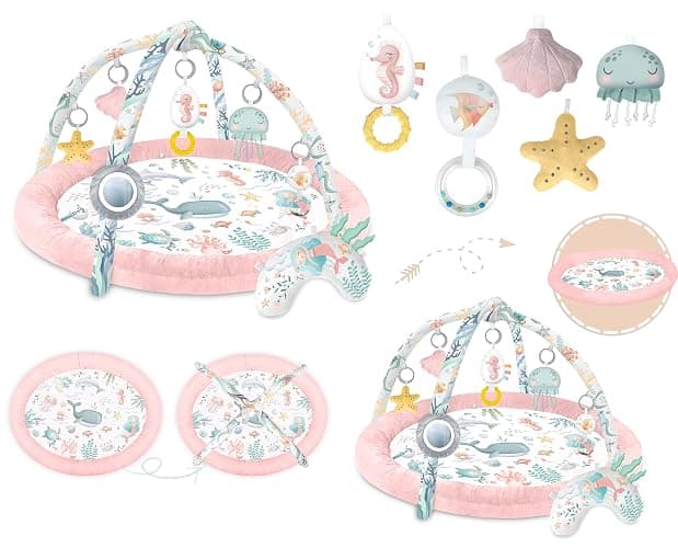 Nukido Spieldecke Mit Spielbogen Baby Spielmatte Babyspieldecke Krabbeldecke 7 Spielzeuge Und Kissen Weich Pflegeleicht Ocean Rosa - Rosa - 97 x 56 cm thumbnail 8