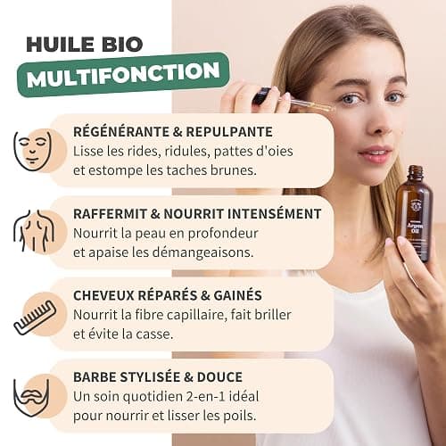 BIONOBLE Huile d'Argan Bio 100% Pure, Pressée à Froid au Maroc - Répare et Nourrit, Anti-Âge - Huile Argan Cheveux, Visage, Corps - Vegan, Sans Hexane - Flacon Verre avec Pipette et Pompe - 50ml thumbnail 3