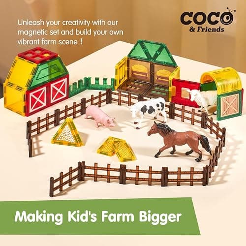 COCO&Friends Magnetic Tiles Farm Animals for Toddlers Kids Ages 3-8 - 45 PCS Magnetic Blocks with Fence Building Toys for 3 Year Old Girl Boy Birthday Gift - Montessori Educational Magnet Toys thumbnail 6