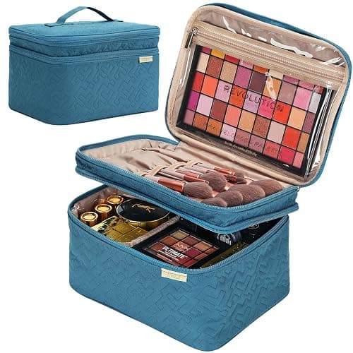 NISHEL Large Double Layer Travel Makeup Bag Women, Cosmetic Case, Organizer for Travel-Size Accessories Bottles, Brushes, Conditioner, and Skin Care Products, Lake Blue - Image 1