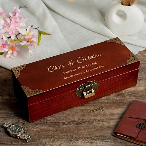 ERUOAEY Personalized Wood Wine Box, Custom Engraved Wine Gift Box, for Wedding, Anniversary, Engagement, Wine Box Ceremony, Bridal Shower thumbnail 7