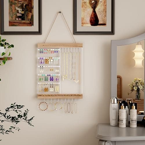 Hanging Jewelry Organizer and Storage, 5-Tier White Earring Necklace Holder Jewelry Display Organizer Stand Rack, Wall Mounted for Earrings Necklaces Bracelets and Rings, White thumbnail 7