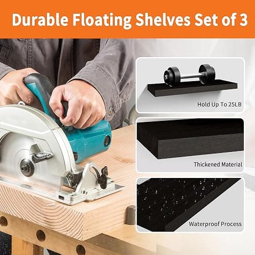 Upassion Floating Shelves for Wall Set of 3, 16" Black Wall Shelves for Home Decor, Frame Display Floating Shelf for Living Room, Bedroom, Bathroom, Kitchen thumbnail 5