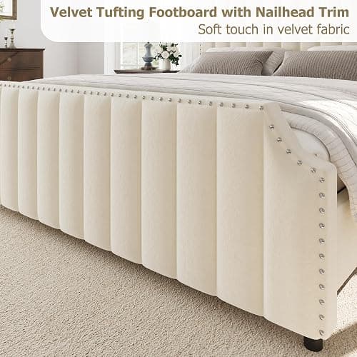 GarveeHome Queen Size Platform Bed Frame with 50.2 in Headboard, Velvet Upholstered Bed Frame Queen with Vertical Channel Tufted Headboard & Footboard, Nailhead Trim, No Box Spring Needed, Cream thumbnail 6